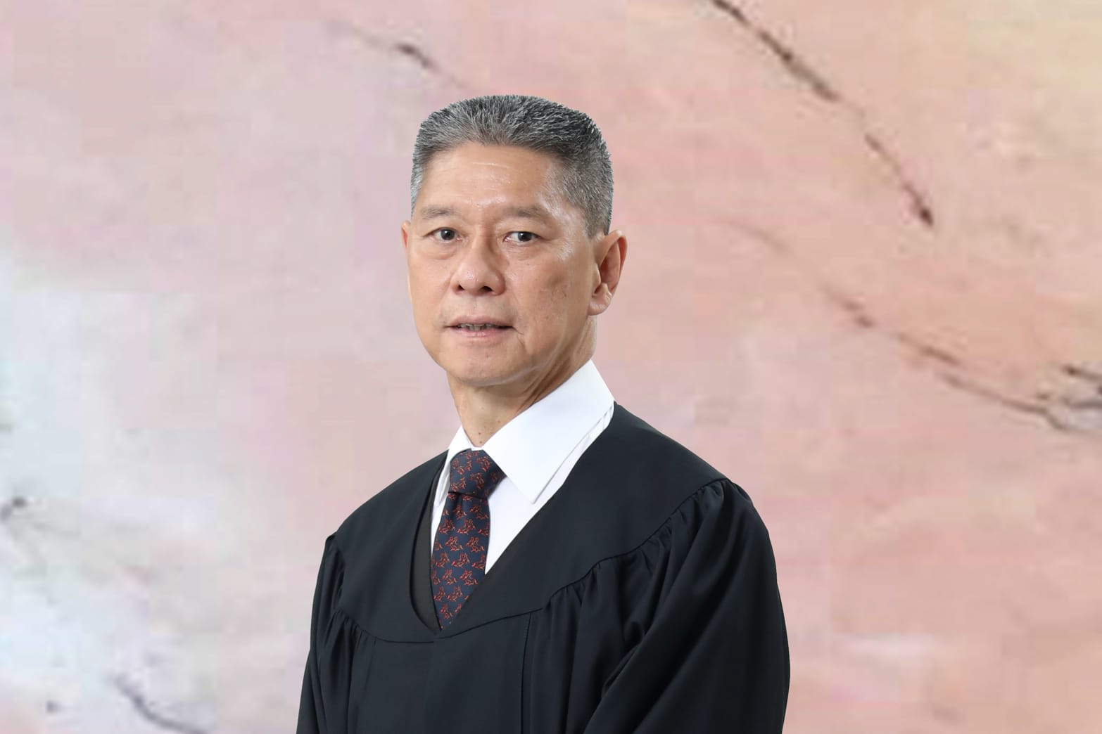 Person in a black graduation gown with patterned tie, against a pink background.